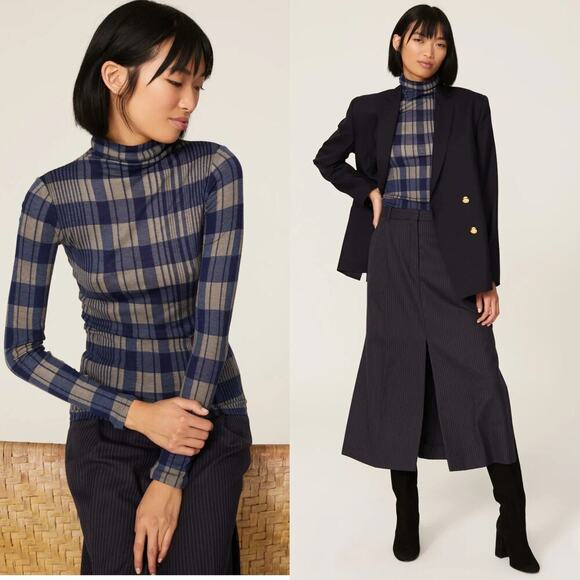 Club Monaco Julie Sweater Plaid Long Sleeve Turtleneck Wool Blend Blue & Gray S - Picture 1 of 8